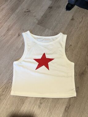 White Crop Tank with Red Star Graphic